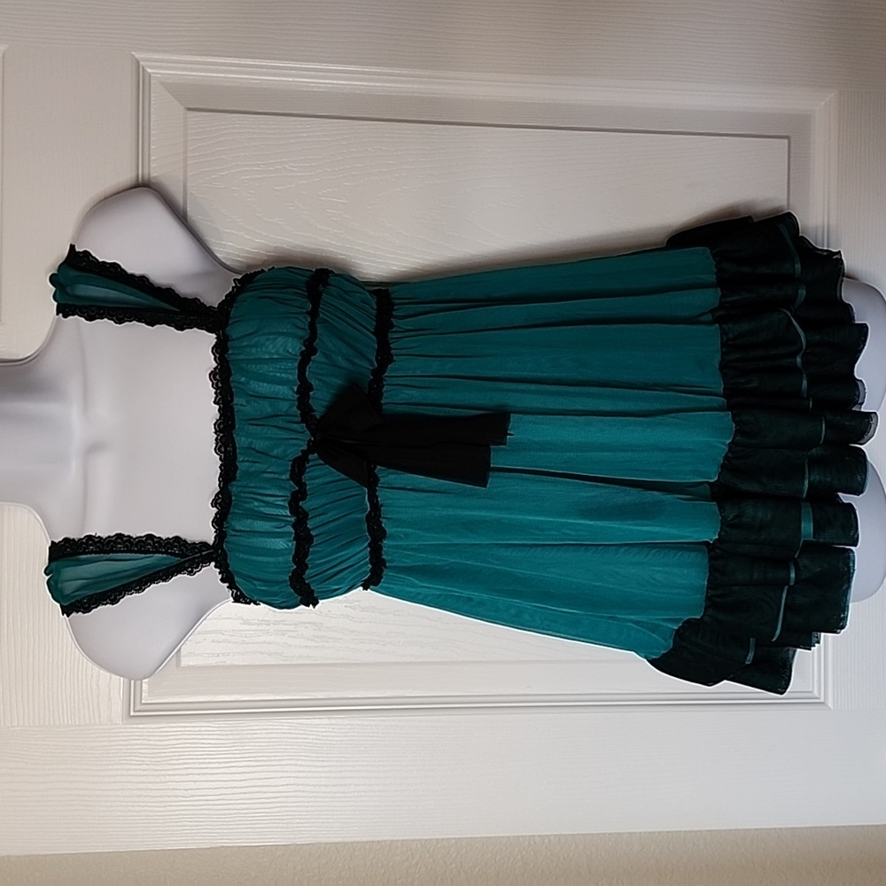 Frederick's Of Hollywood Sexy Teal And Black Sheer Ruffle Lingerie Top Size S/M